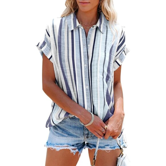 Tops - Women's Button Down Shirt Short Sleeve Summer Linen V Neck Collared Stripes Tops